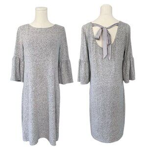 White House Black Market Bell Sleeve Sweater Dress Size M Midi Keyhole‎ Tie Gray